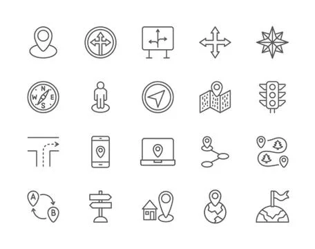 Set of Navigation Line Icons. Compass, Location Pin, GPS Navigation and more. Stock Illustration