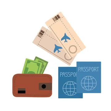 Set of necessary things for foreign flights, passports, plane tickets and wal Stock Illustration