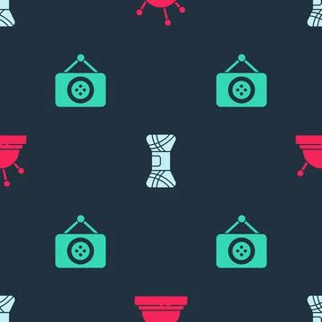 Set Needle bed and needles, Yarn and Tailor shop on seamless pattern. Vector Stock Illustration
