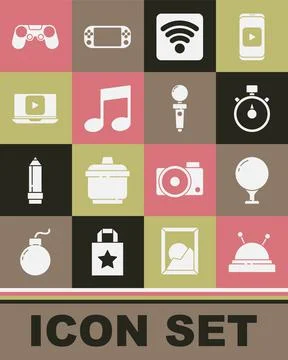 Set Needle bed and needles, Golf ball on tee, Stopwatch, Wi-Fi wireless internet Stock Illustration