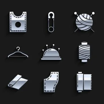 Set Needle bed and needles, Sewing Pattern, Textile fabric roll, thread on spool Illustrazione stock