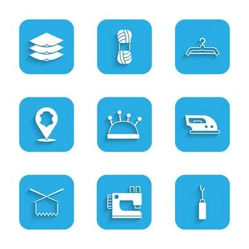 Set Needle bed and needles, Sewing machine, Awl tool, Electric iron, Knitting Stock Illustration