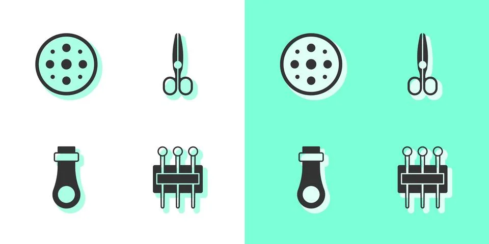 Set Needle for sewing, Sewing button, Zipper and Scissors icon. Vector 스톡 일러스트