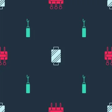 Set Needle for sewing, Sewing thread on spool and Awl tool on seamless patter Stock Illustration