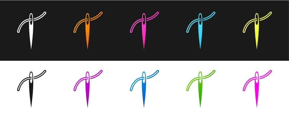 Set Needle for sewing with thread icon isolated on black and white background Stock Illustration