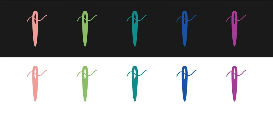 Set Needle for sewing with thread icon isolated on black and white background Stock Illustration
