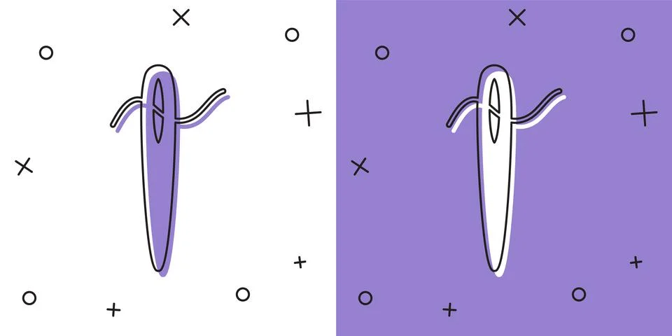 Set Needle for sewing with thread icon isolated on white and purple background Stock Illustration