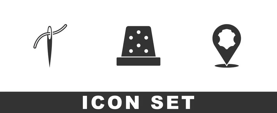 Set Needle with thread, Thimble for sewing and Leather icon. Vector Stock Illustration