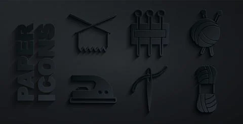 Set Needle with thread, Yarn ball knitting needles, Electric iron, for sewing Stock Illustration