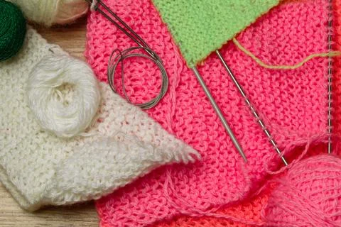 Set for needlework knitting needles, wool yarn, scarf. Stock Photos