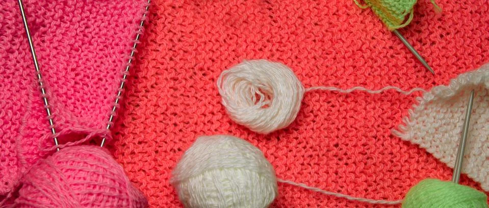 Set for needlework knitting needles, wool yarn, scarf. Stock Photos