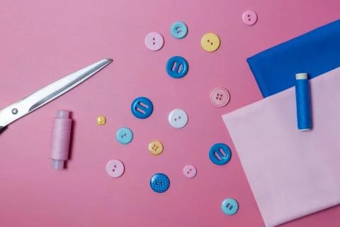 Set for needlework top view on pink background Stock Photos