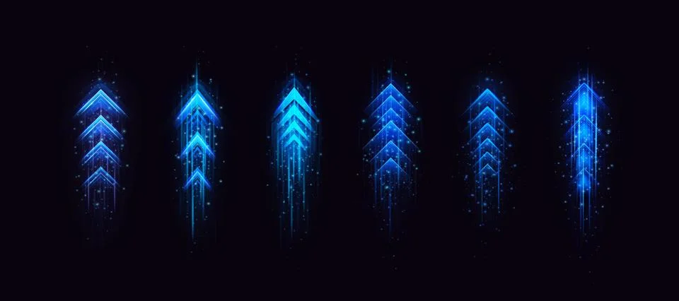 Set of neon blue arrows, different shapes, with upward direction, motion effect Stock Illustration