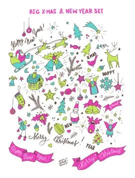 Set of neon bright doodle design elements for Christmas and New Year 库存插图