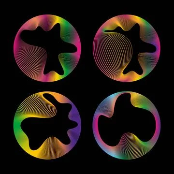 Set of neon colored round curve glowing circles with wavy dynamic lines isolated Stock Illustration