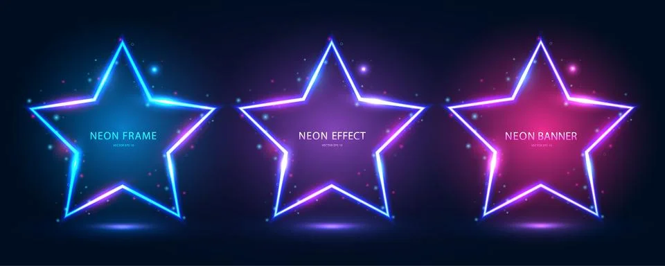 A set of neon frames in the shape of a star with shining effects and highlights Stock Illustration