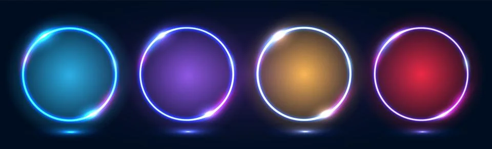 A set of neon frames with shining effects, highlights and inscriptions on a dark Stock Illustration