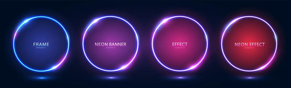 A set of neon frames with shining effects, highlights and inscriptions on a dark Stock Illustration