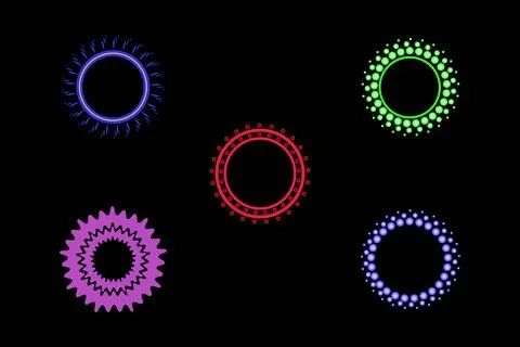 Set of Neon Glowing Circular Frames and Abstract Geometric Borders Stock Illustration