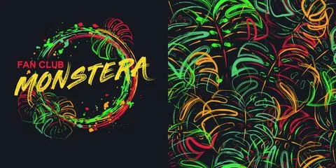 Set of neon pattern, label with monstera leaves Illustrazione stock