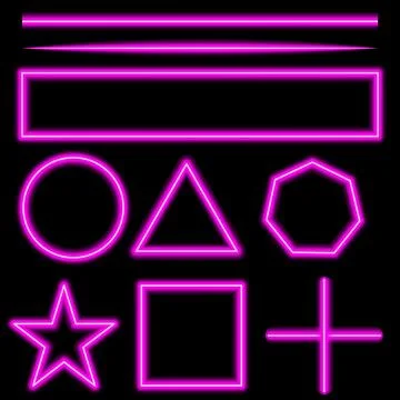 Set of neon pink glowing geometric shapes and lines on a black background Stock Illustration