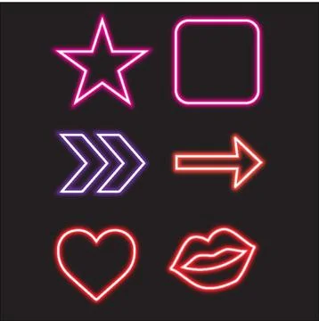 Set of neon signs, arrow, rectangle, square, circle and star. Stock Illustration