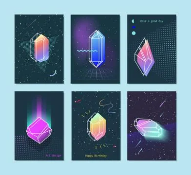 Set of neon space 80s style crystals with a triangle. Stock Illustration