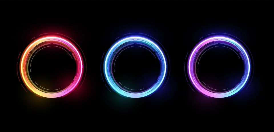 A set of neon swirl round frames, ideal for game portals. Isolated background. Stock Illustration