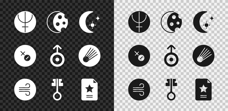 Set Neptune planet, Eclipse of the sun, Moon and stars, Windy weather, Old .. Ilustração Stock