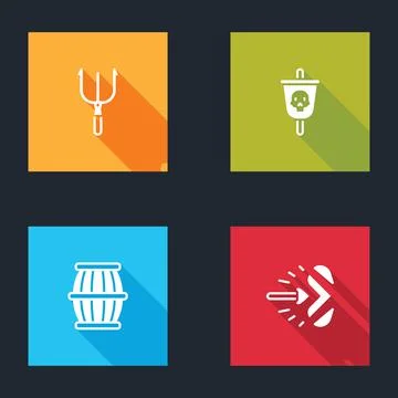 Set Neptune Trident, Pirate flag, Gun powder barrel and Magic arrow icon. Vector Stock Illustration
