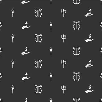Set Neptune Trident, Zeus, Torch flame and Ancient lyre on seamless pattern Stock Illustration