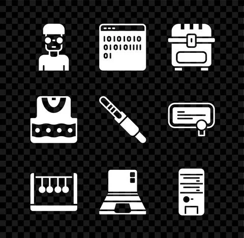 Set Nerd geek, Binary code, Antique treasure chest, Pendulum, Laptop, Computer 库存插图