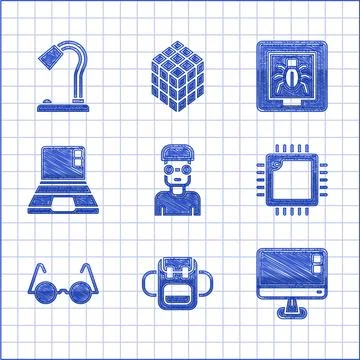 Set Nerd geek, School backpack, Computer monitor screen, Processor with CPU 스톡 일러스트