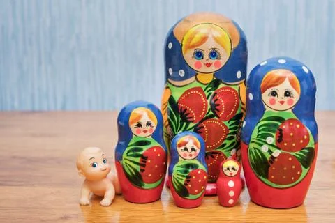 Set of nested dolls and puppet baby Stock Photos
