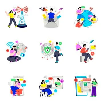 Set of Network and Communication Flat Illustrations Stock Illustration
