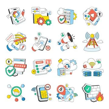 Set of Network and Data Doodle Icons 스톡 일러스트
