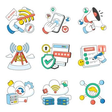 Set of Network and Hosting Doodle Icons Stock Illustration