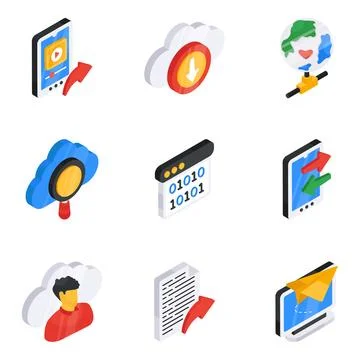 Set of Network and Media Flat Isometric Icons Stock Illustration