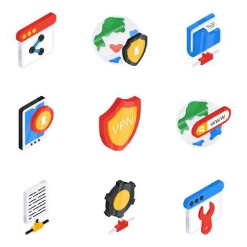 Set of Network and Security Flat Isometric Icons Stock Illustration