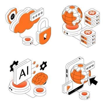 Set of Network and Security Isometric Illustrations Stock Illustration