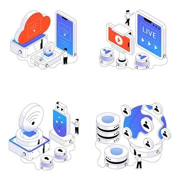 Set of Network and Technology Isometric Illustrations Stock Illustration