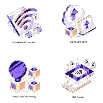 Set of Network and Technology Isometric Illustrations Stock Illustration