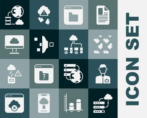 Set Network cloud connection, Analyst engineer, Data stream, Browser files Illustrazione stock
