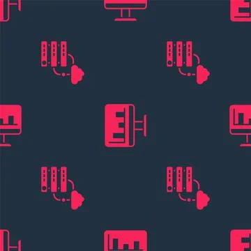 Set Network cloud connection and Monitor with graph chart on seamless pattern Stock Illustration