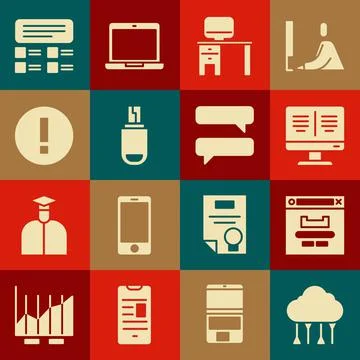 Set Network cloud connection, Browser window, Online book monitor, Computer and Stock Illustration