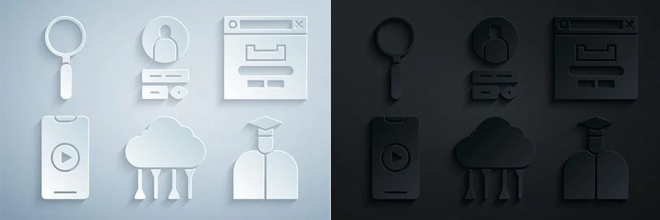 Set Network cloud connection, Browser window, Online play video, Student, Create Stock-Illustration