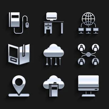 Set Network cloud connection, Cloud online library, Computer monitor screen Illustrazione stock