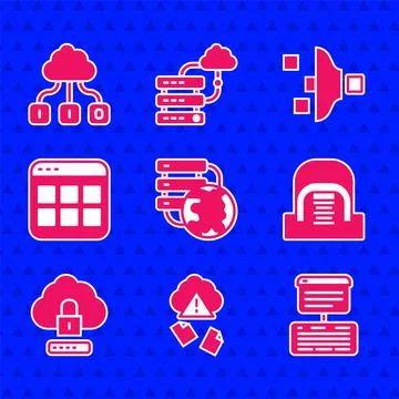 Set Network cloud connection, Cloud hacking, Server, Data, Web Hosting, Hangar Illustrazione stock