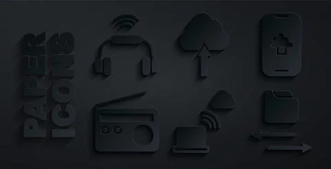 Set Network cloud connection, Cloud technology data, Radio, Transfer files,.. Illustrazione stock