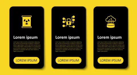 Set Network cloud connection, Cyber security and Radioactive waste in barrel Stock Illustration